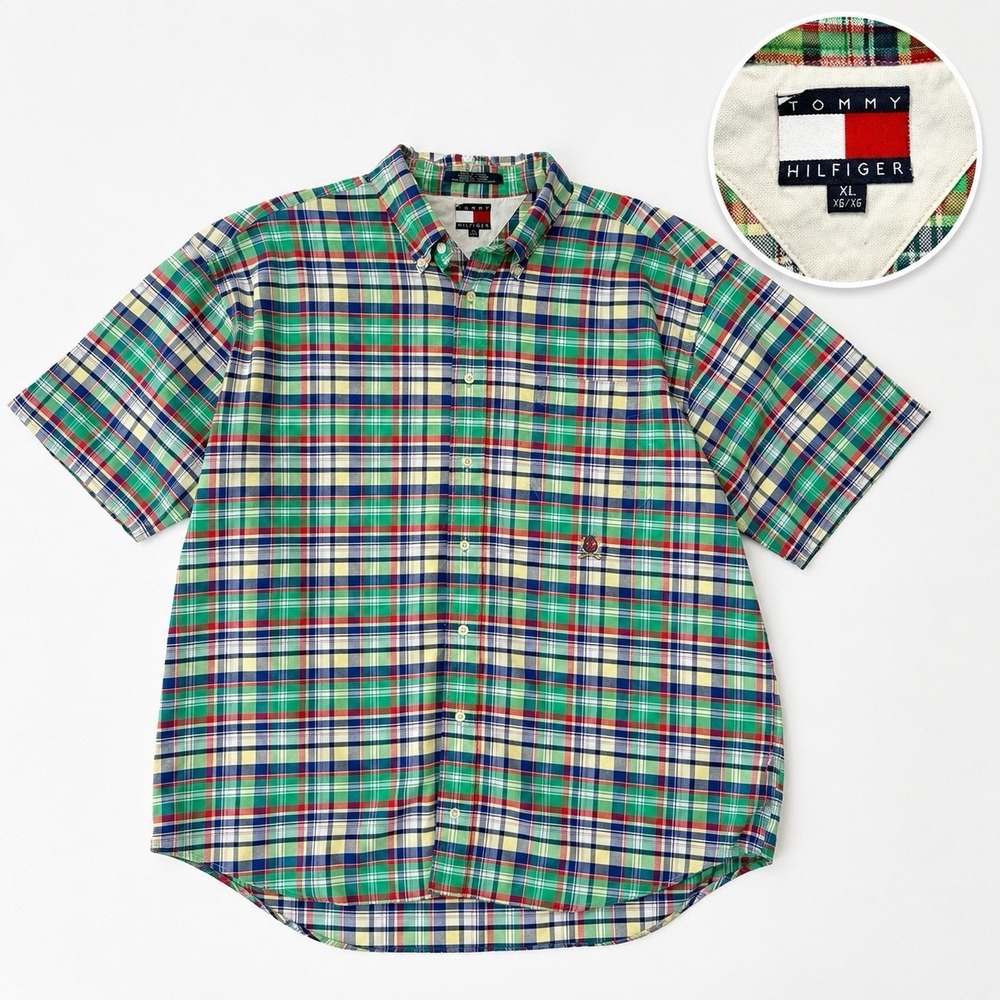 Vintage Tommy Hilfiger Colorful Plaid Crest Shirt Men XL Button Up Short Sleeve